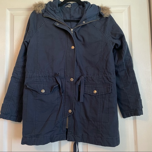 Small Rubbish Brand Navy Winter Coat with Faux Fur Trim Hood - Picture 2 of 5